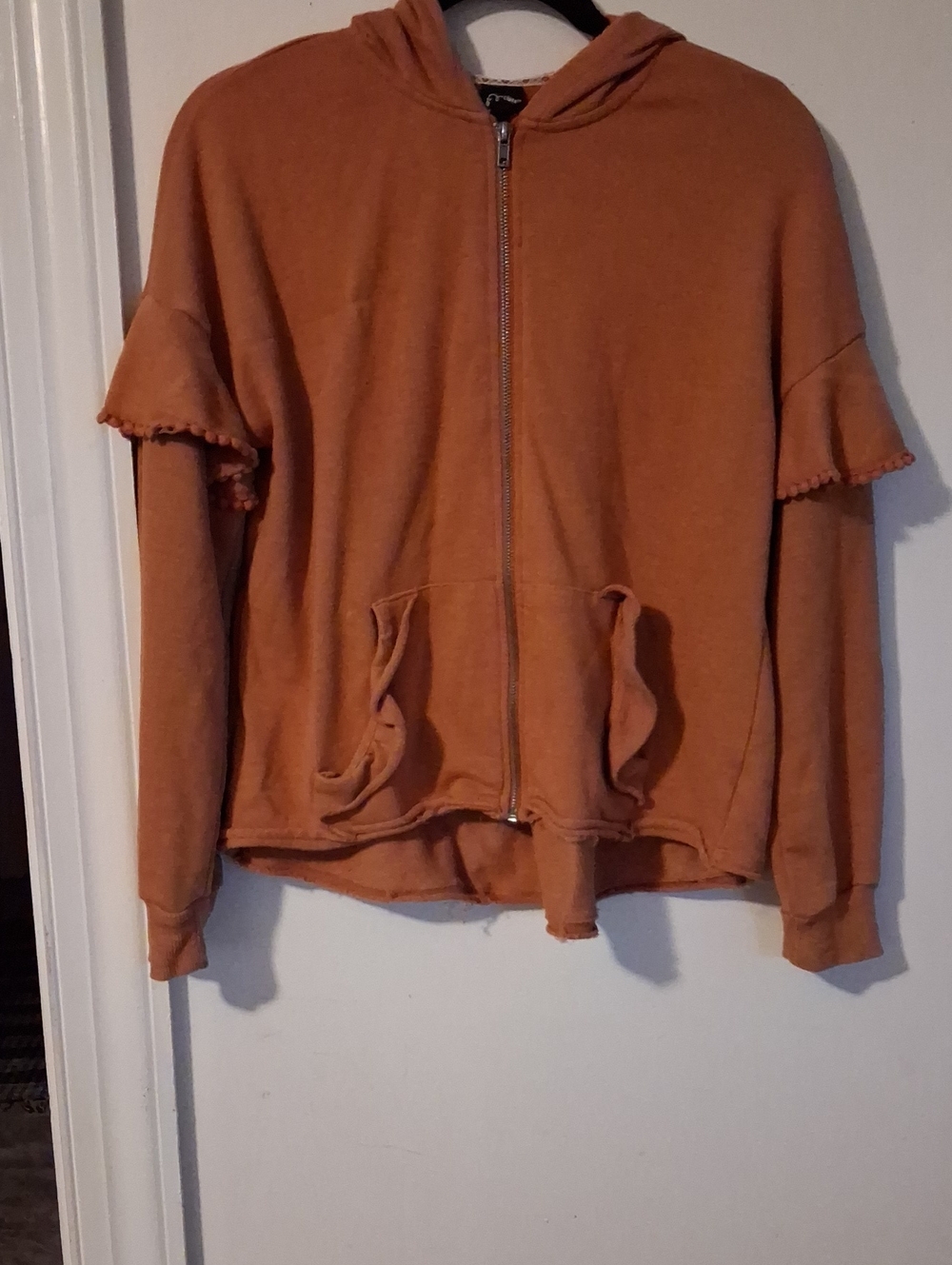 art class Burnt Orange Hooded Zip-Up Bomber with Ruffle Sleeve Detail